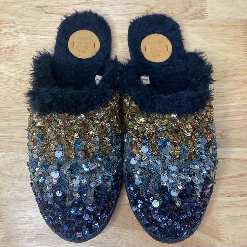 Far Away from Close x Anthropologie Blue & Gold Sequined Mule Slippers Women’s 7 - Picture 4 of 9